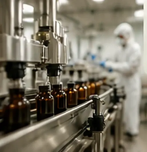 Bottles moving along a filling line in a clean manufacturing facility