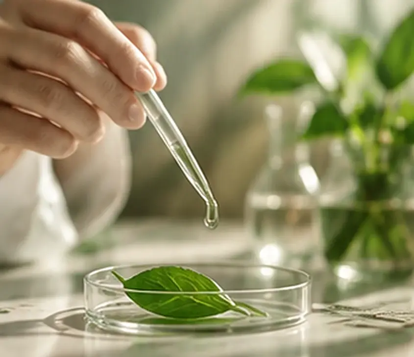 A researcher placing a drop on a fresh green leaf in a petri dish